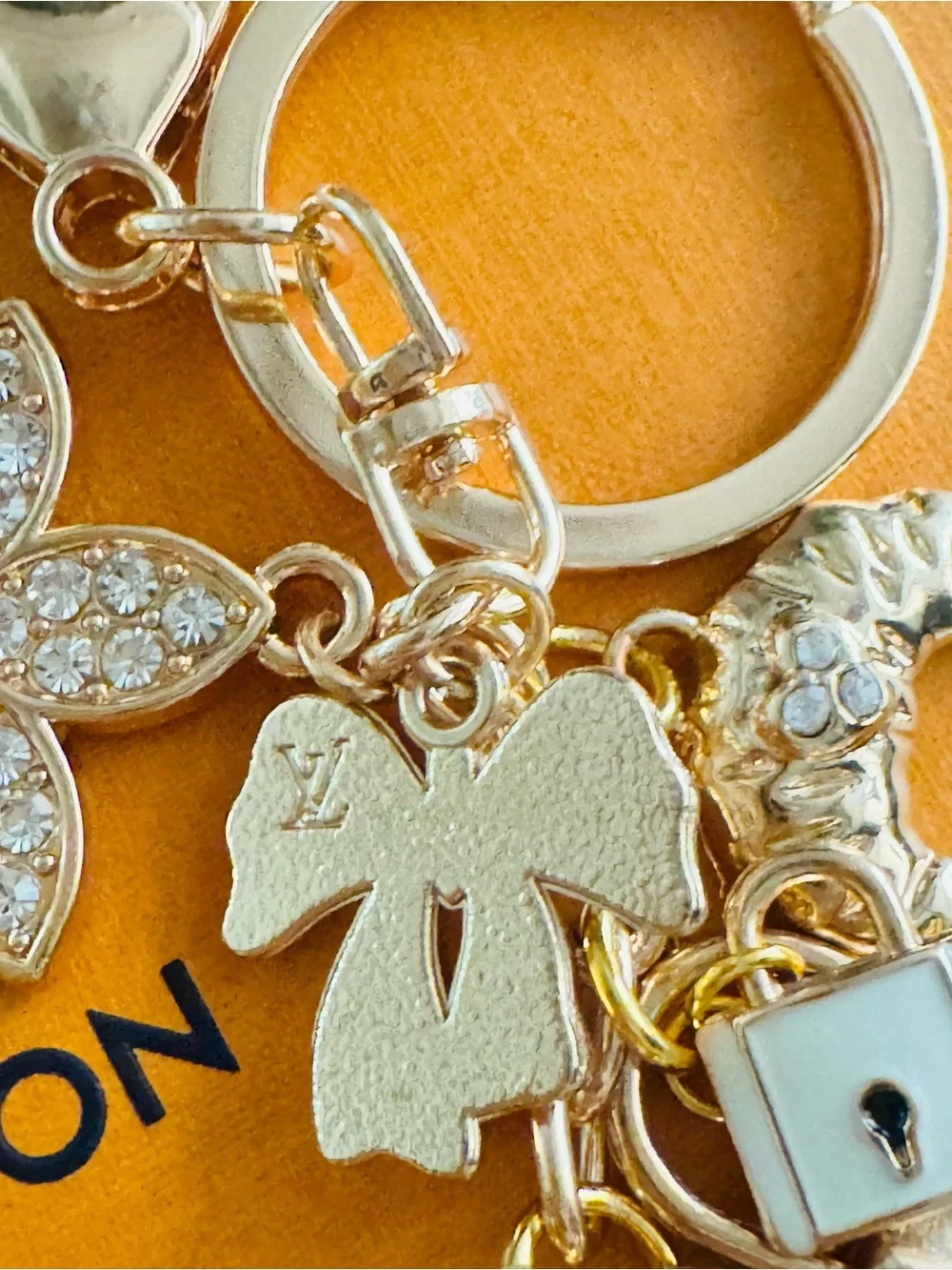LV Stamped Hardware & Fashion Accents on Gold Key Chain/Bag Charm